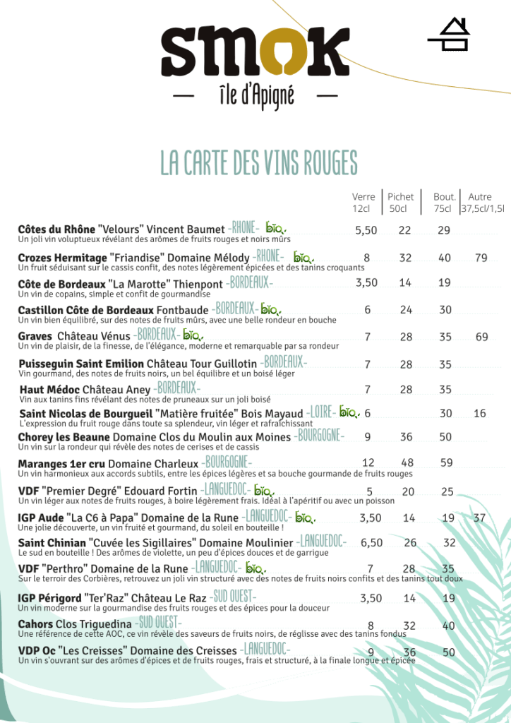 CARTE DES VINS ROUGES