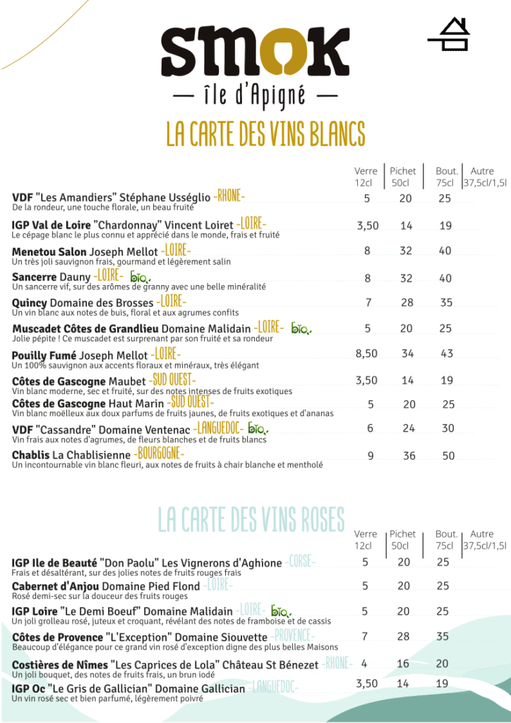 CARTE DES VINS BLANCS ET ROSES